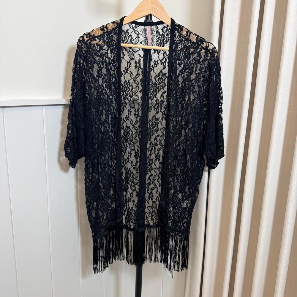 Anthropologie Mauve Black Floral Lace Fringe Kimono Cardigan